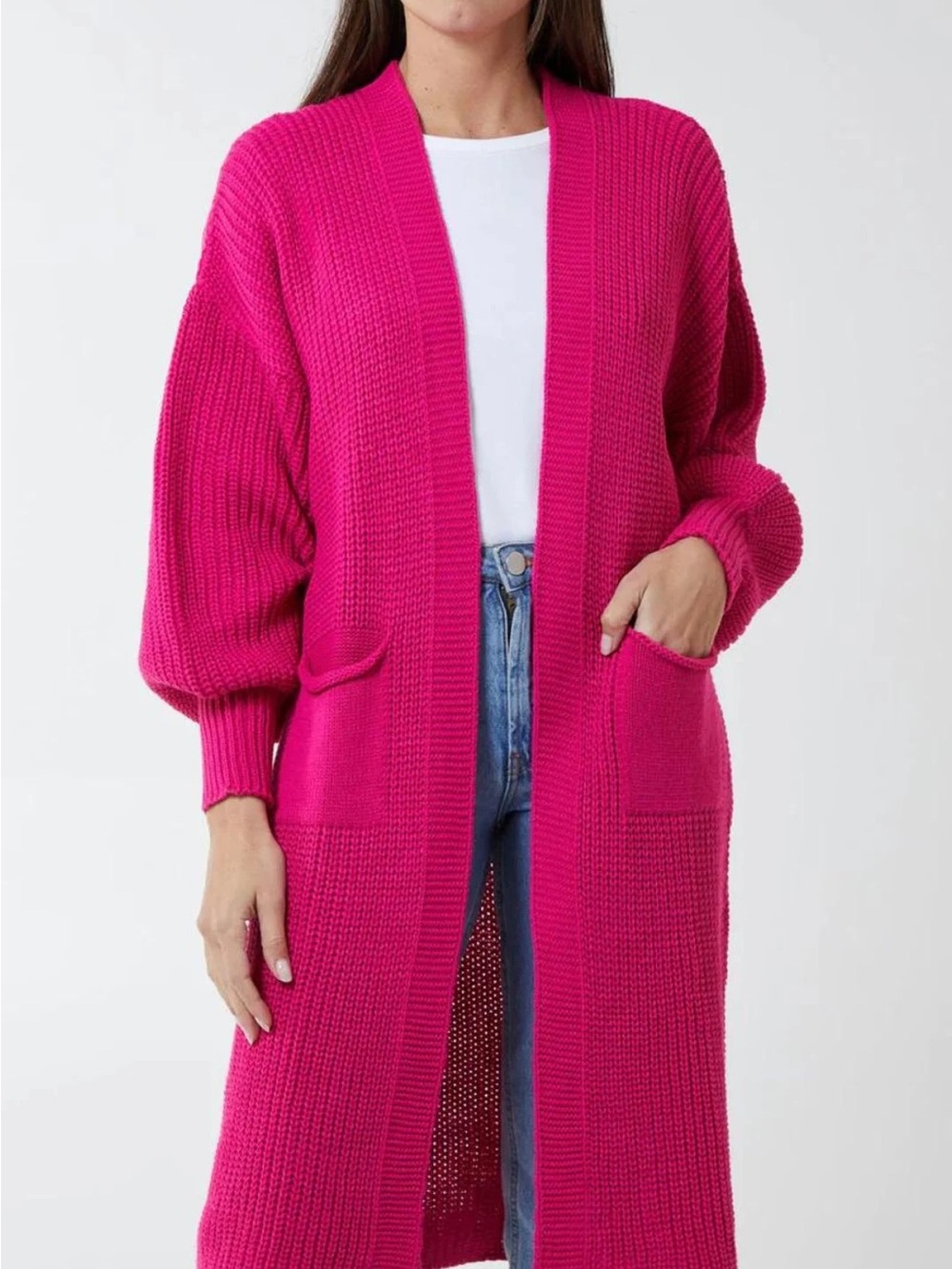 Hot Pink Open-Front Longline Knit Cardigan with Patch Pockets